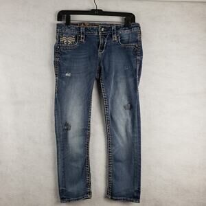 Rock Revival Women's 27 Embroidered Pocket Crop Jeans Distressed‎ Denim Capris